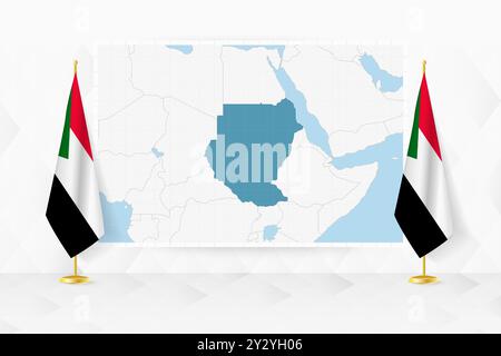 Carte du Soudan et drapeaux du Soudan sur le stand de drapeau. Illustration vectorielle pour la réunion de diplomatie. Illustration de Vecteur