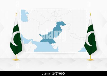 Carte du Pakistan et drapeaux du Pakistan sur le stand de drapeau. Illustration vectorielle pour la réunion de diplomatie. Illustration de Vecteur