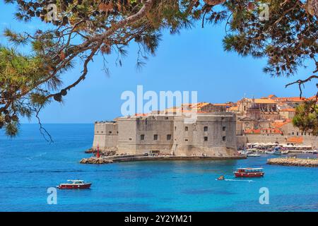 Paysage estival côtier - vue sur la forteresse John et le port de la ville de la vieille ville de Dubrovnik sur la côte adriatique de la Croatie Banque D'Images