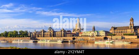 Paysage urbain, panorama, bannière - vue sur la terrasse Bruhl's est un ensemble architectural historique à Dresde sur les rives de l'Elbe, en Saxe, en Allemagne Banque D'Images