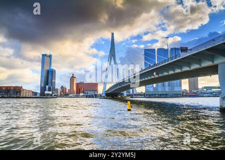 Paysage urbain de Rotterdam - vue sur le pont Erasmus et les blocs de la tour dans le quartier de Kop van Zuid, Hollande du Sud, pays-Bas Banque D'Images