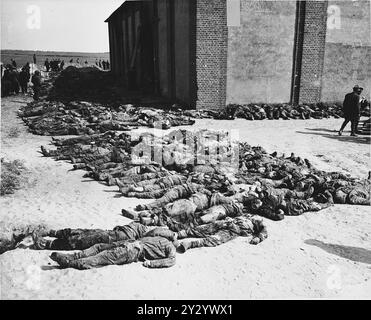 Les corps des prisonniers du camp de concentration tués par les SS se trouvent à l'extérieur d'une grange près de Gardelegen. Plus de 1000 prisonniers évacués des camps de travaux forcés ont été rassemblés dans la grange et celle-ci a été incendiée. 1016 sont morts et 7 ont survécu. L'action a été menée par des unités locales (Hitler Youth, Volkssturm et pompiers) sous la direction des SS. Les corps sont là où ils ont été placés par des civils allemands forcés par l'armée américaine de nettoyer le site. Banque D'Images