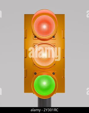 Feu tricolore jaune avec tous les feux allumés, dans un design moderne et minimaliste. Banque D'Images
