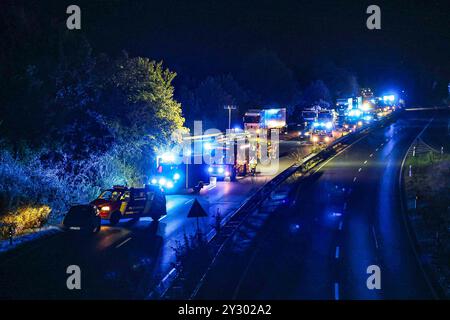 35-jährige Fahrerin prallt mit VW-Polo in Abfahrt der Bundesstraße 65 gegen Baum und agitbt Verkehrsunfall, 35-jährige Autofahrerin aus VW-Polo nach Aufprall gegen Baum geschleudert, Laienreanimation durch Autofahrer, Frau veragitbt am Unfallort, Feuerwehr und Rettungsdienst mit 56 Brücke über und Straße und 10 Fahrzeugen vor Ort, Blche de Hanchauden Einsatzkräften. Empelde, Stadt Ronnenberg Empelde, Bundesstraße 65, Abfah Niedersachsen, Region Hannover Allemagne *** une conductrice de 35 ans écrase sa VW Polo dans un arbre à la sortie de t Banque D'Images