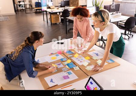 Collaborant à un projet d'écriture créative, trois femmes multiraciales réfléchissent à des idées au bureau Banque D'Images