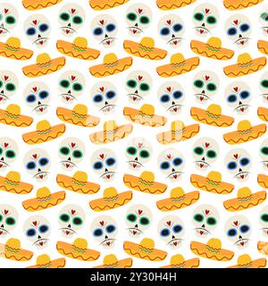 Crânes de sucre décoratifs avec moustache et sombrero Seamless Pattern Day of the Dead Background idée. Illustration vectorielle isolée sur blanc emballage, papier peint, emballage ou web, cartes, affiche, bannière Illustration de Vecteur