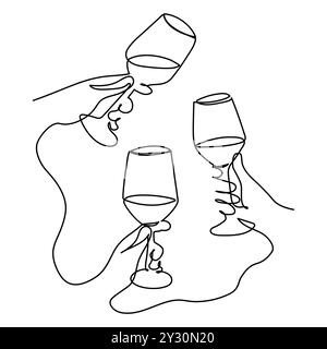 Dessin continu d'une ligne de trois verres de vin rouge concept linéaire minimaliste de Celebrate Illustration de Vecteur