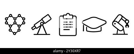 ensemble d'icônes de matériaux de nano technologie télescope astronomie recherche spatiale université cap de fabrication de bras robotique dans le style de contour de ligne Illustration de Vecteur