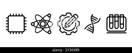 Icon Set science de la conception d'ingénierie d'atome de semi-conducteur symbolisent avec le processeur de tube de laboratoire d'ADN dans le style de contour de ligne Illustration de Vecteur