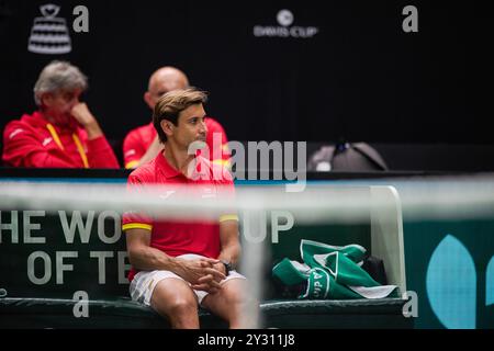 Valencia, Espagne. 11 septembre 2024. David Ferrer entraîneur de l'équipe d'Espagne vu lors de la finale de la Coupe Davis Groupe B double match à Pabellon Fuente de San Luis. L'Espagne a gagné 7/6, 3/6, 6/7 crédit : SOPA images Limited/Alamy Live News Banque D'Images