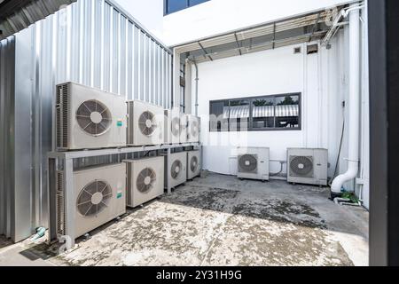 Système de climatisation sur le côté sol de l'habitat. Climatiseur à compresseur blanc multiple installé dans un ancien bâtiment. Groupe condenseur ou compresseur activé Banque D'Images