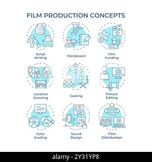 Icônes de concept multicolore pour la production de films Illustration de Vecteur