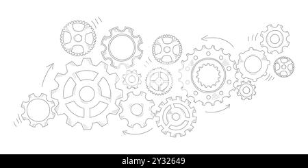 Roue dentée tracée à la main. Mécanisme d'engrenage de couleur de style croquis de griffonnage. Concept d'idée d'entreprise, travail d'équipe, progrès de fond. Doodle COG Illustration de Vecteur