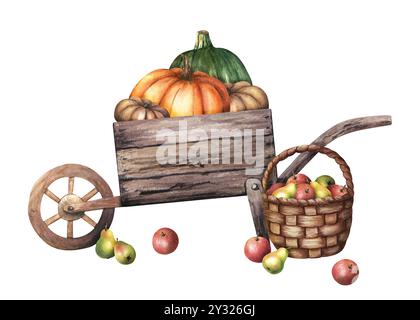 Composition avec brouette en bois rustique antique avec citrouilles et panier en osier rempli de pommes et de poires. Illustration d'aquarelle dessinée à la main Banque D'Images