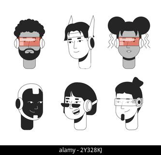 Ensemble d'illustrations d'avatars vectoriels 2D noir et blanc de personnes futuristes Illustration de Vecteur