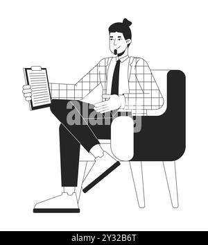 Caucasian homme tv hôte fauteuil assis détendu caractère de ligne 2D noir et blanc Illustration de Vecteur