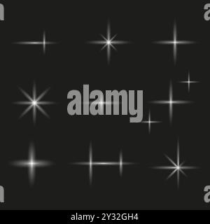 Icônes d'étoiles brillantes. Effets de lumière blanche. Eléments vectoriels brillants. Design épuré et étincelant. Illustration de Vecteur