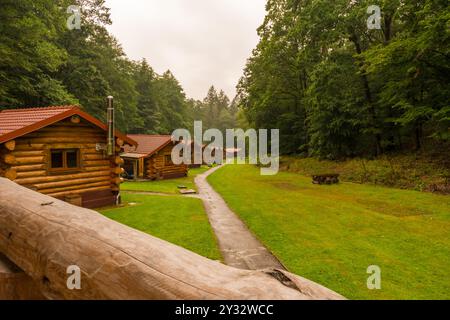 Vue depuis un balcon en bois sur les maisons forestières en bois dans une forêt tchèque à la fin de l'été Banque D'Images