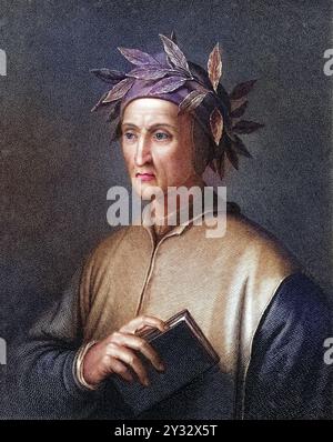 Dante Alighieri (1265-1321), Italienischer Dichter. Porträtgravur, Historisch, digital restaurierte Reproduktion von einer Vorlage aus dem 19. Jahrhundert, date du dossier non précisée Banque D'Images