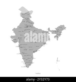 Illustration isolée moderne de vecteur. Carte administrative simplifiée de l'Inde en couleur grise. Fond blanc. Noms de grandes villes comme New Delhi, Maman Illustration de Vecteur