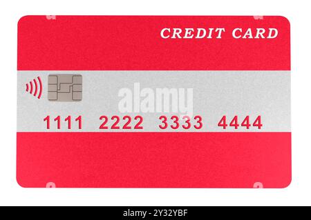 Carte de crédit en plastique en forme de drapeau autrichien sur fond blanc (gros plan). Paiement en ligne par carte de crédit pour les achats dans les boutiques en ligne Banque D'Images