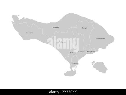 Illustration isolée vectorielle de la carte administrative simplifiée de Bali, île indonésienne. Frontières et noms des régences, régions. Silhouette grise Illustration de Vecteur