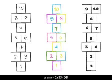 Dessin à la craie de houblon, jeu de saut de rue pour enfants. Hop scotch avec des chiffres. Activités estivales en plein air. . Illustration vectorielle Illustration de Vecteur