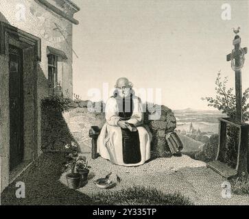 Moine détendu dans le jardin, assis sur un banc et observant les oiseaux dans un petit abreuvoir devant lui, 1834, historique, reproduction restaurée numériquement à partir d'un original de l'époque Banque D'Images