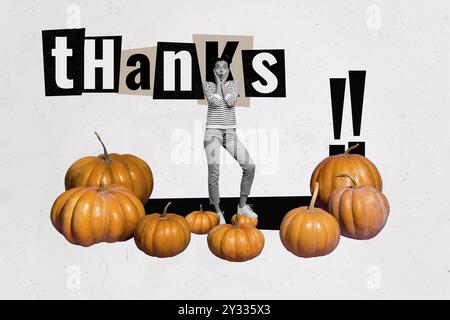 Collage de tendance composite d'image d'esquisse de la saison d'automne heureux jour de Thanksgiving jeune dame choqué visage stand décoration de légumes de citrouille Banque D'Images