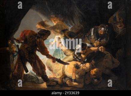 L'aveuglement de Samson est une peinture d'histoire de Rembrandt van Rijn, Samson, après avoir eu ses cheveux coupés, luttés au sol et liés avant d'avoir ses yeux arrachés, historique, reproduction restaurée numériquement à partir d'un original de cette période Banque D'Images