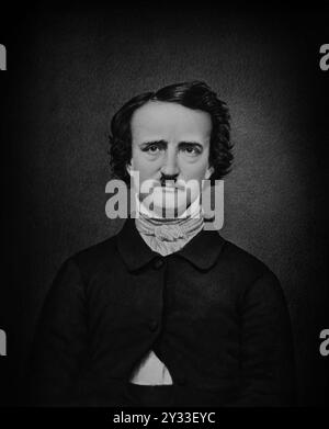 Edgar Allan Poe portrait (1809-1849) Poe était un écrivain, poète, éditeur et critique littéraire américain - dessin fait à partir du daguerréotype "Ultima Thule" - Mathew Brady Banque D'Images