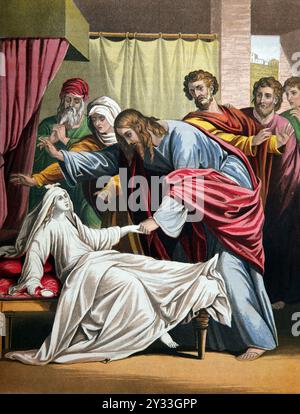 Illustration de Jésus élevant la fille de Jairus d'entre les morts (Évangile) de la Bible de la famille auto-interprétative de Brown du 19ème siècle antique Banque D'Images