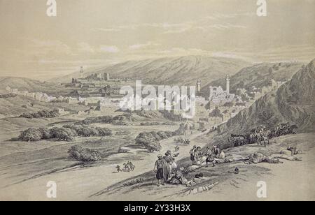 Illustration de la vieille ville d'Hébron avec la grotte de Machpelah où Abraham a acheté un terrain funéraire pour sa femme Sarah. Abraham, Isaac, Rebecca A. Banque D'Images