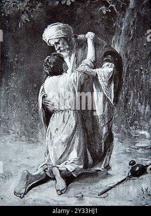 Illustration de la parabole du fils prodigue retours du livre pour enfants du XIXe siècle histoires du dimanche après-midi Gleanings from the Bible by L. L Weedon Banque D'Images