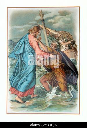 Illustration Art Déco de la foi de Pierre qui lui a échoué - Apôtre Pierre est sorti du bateau et est venu à Jésus qui marchait sur l'eau Peter a obtenu Frightene Banque D'Images