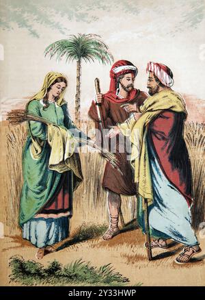 Illustration de Ruth rencontrant Boaz dans Corn Field Book of Ruth (Ruth) de la Bible de la famille auto-interprétative de Brown du XIXe siècle Banque D'Images