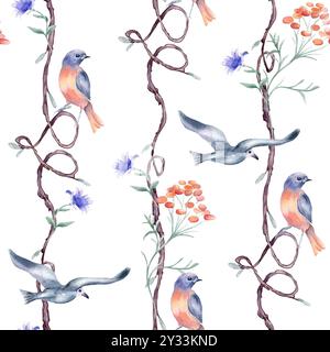 Arbre sans couture avec des oiseaux de couleurs rouges, bleues par aquarelle isolé. Branches répétitives romantiques avec des formes de coeur et des fleurs délicates motif main Banque D'Images