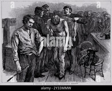 Newgate prison, Londres: Un homme est posé sur ses épaules par un gardien de prison après qu'il a été figé par un homme avec une queue de chat o'Nine.Gravure de bois, 1872. Banque D'Images