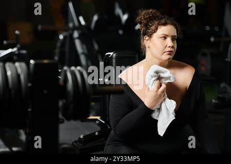 Une jeune femme de grande taille s'entraîne en toute confiance, mettant en valeur la positivité corporelle dans un cadre de gymnastique dynamique. Banque D'Images