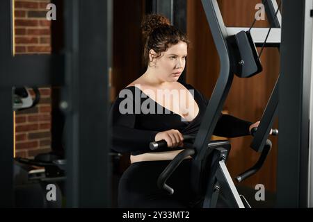 Une femme de grande taille s'engage dans la musculation, illustrant la force et la positivité du corps dans ses vêtements d'action. Banque D'Images