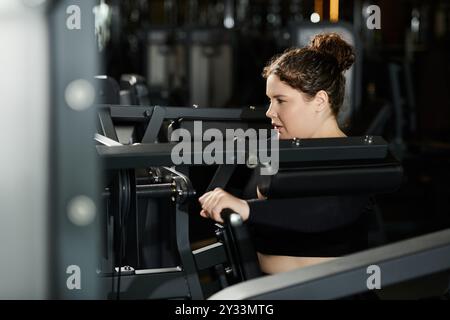 Une jeune femme travaille en toute confiance dans des vêtements d'action, embrassant la positivité du corps dans un environnement de gymnastique favorable. Banque D'Images