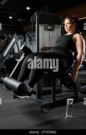 Une femme de grande taille s'entraîne en toute confiance, en se concentrant sur son parcours de fitness dans un environnement de gym dynamique. Banque D'Images