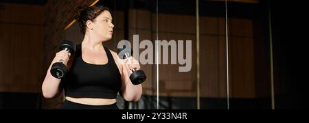 Une jeune femme embrasse sa force tout en s'entraînant avec des haltères dans un gymnase. Banque D'Images