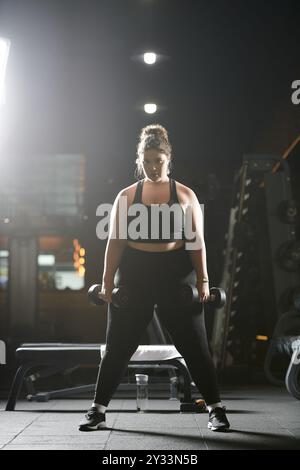 Une jeune femme déterminée embrasse sa force tout en s'entraînant dans des vêtements actifs élégants au gymnase. Banque D'Images