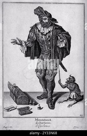 Hans Buling, un vendeur itinérant de médicaments démontrant ses marchandises à l'aide d'un singe. Gravure d'après M. Laroon. Laroon, Marcellus, 1653-1702. Banque D'Images