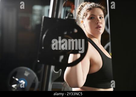 Une jeune femme s'entraîne en toute confiance en vêtements actifs, en se concentrant sur la musculation au gymnase. Banque D'Images