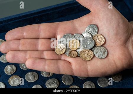 Londres, Royaume-Uni. 12 septembre 2024. Le détective de métaux George Ridgway avec des pièces provenant d'un trésor de plus de 680 pièces d'or et d'argent datant d'aussi tôt que 206 av. J.-C. jusqu'à l'empereur Claudius en 46/47 après JC qui ont été découvertes par dans le parc de Helmingham Hall près de Stowmarket dans le Suffolk (est. £75,000). Credit : Stephen Chung / Alamy Live News Banque D'Images