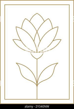 Fleur de lotus élégante avec tige et feuilles dans le cadre rectangle ligne dorée illustration vectorielle d'icône d'art. Magnifique emblème naturel de luxe de plante florale lo Illustration de Vecteur
