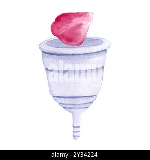 Une coupe menstruelle et un pétale rose coulant dans elle composition d'aquarelle isolé sur blanc. Idéal pour la conception de soins menstruels respectueux de l'environnement, publicités Banque D'Images