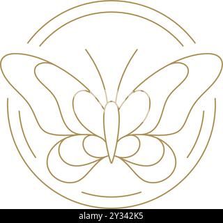 Papillon élégant avec des ailes ornementales en cercle doré illustration vectorielle d'icône d'art de ligne de cadre. Magnifique logo emblème de luxe d'insecte d'été naturel f Illustration de Vecteur